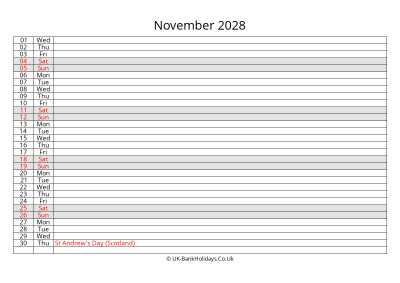 november 2028 monthly uk calendar free
