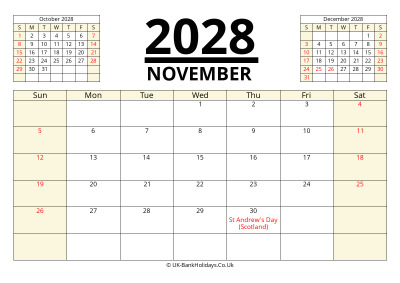 november 2028 printable uk calendar