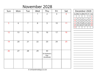 november 2028 uk calendar template