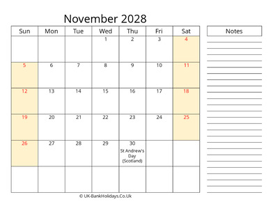 november 2028 uk calendar that work