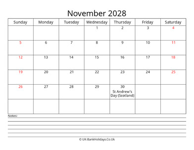 november 2028 uk calendar with notes
