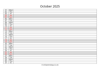 october 2025 monthly uk calendar free