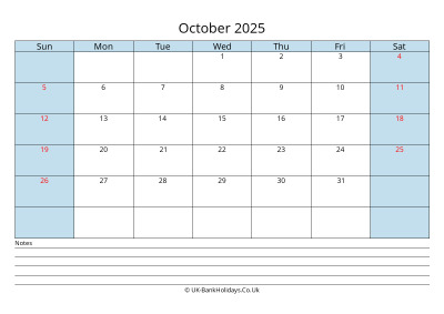 october 2025 monthly uk calendar printable