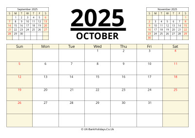 october 2025 printable uk calendar