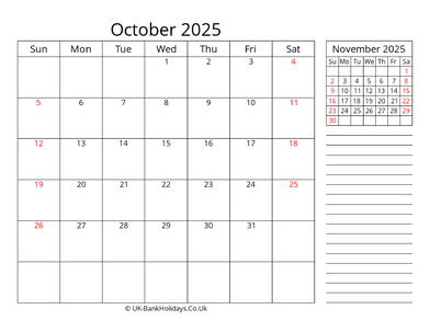 october 2025 uk calendar template