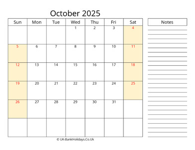 october 2025 uk calendar that work