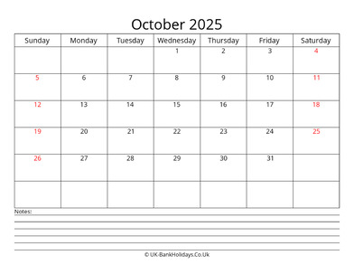 october 2025 uk calendar with notes