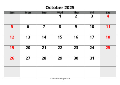 october 2025 word uk calendar