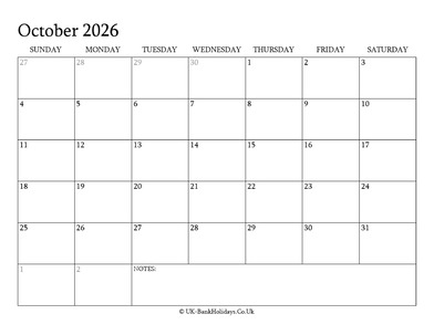 october 2026 editable uk calendar with holidays