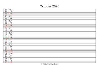 october 2026 monthly uk calendar free