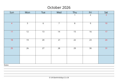 2026 October Calendar with Notes