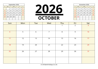 october 2026 printable uk calendar