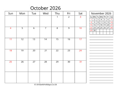 october 2026 uk calendar template