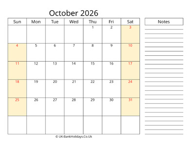 october 2026 uk calendar that work