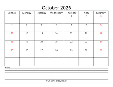 October 2026 Calendar with Notes