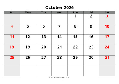 october 2026 word uk calendar