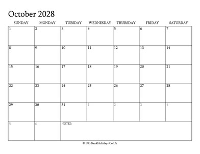october 2028 editable uk calendar with holidays
