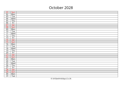 october 2028 monthly uk calendar free