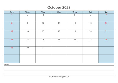 2028 October Calendar with Notes