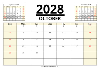 october 2028 printable uk calendar