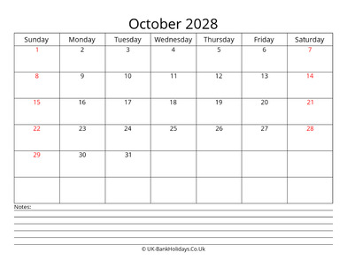 october 2028 uk calendar with notes