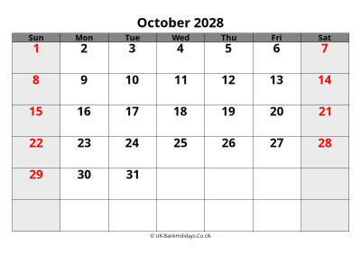 october 2028 word uk calendar