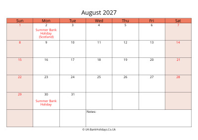 print a uk calendar august 2027