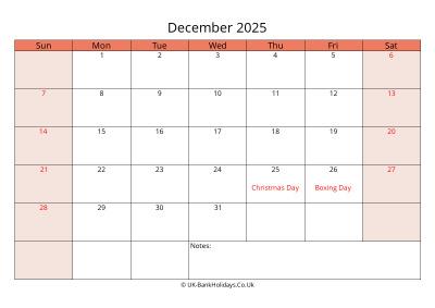 print a uk calendar december 2025
