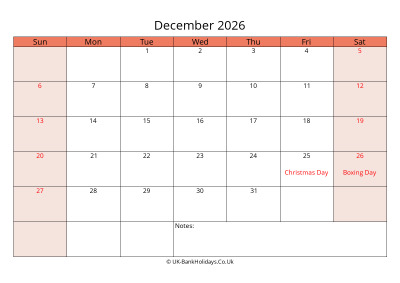 print a uk calendar december 2026