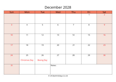 print a uk calendar december 2028