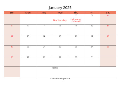 print a uk calendar january 2025
