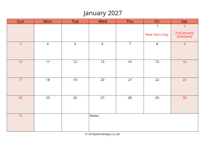 print a uk calendar january 2027