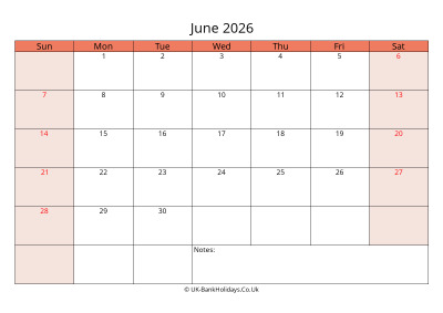 print a uk calendar june 2026
