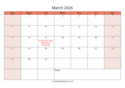 print a uk calendar march 2026