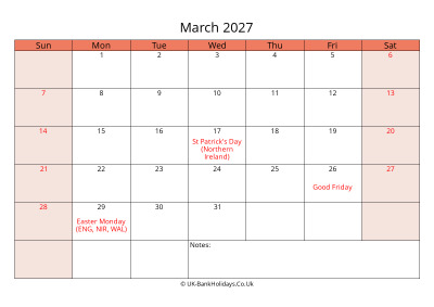 print a uk calendar march 2027