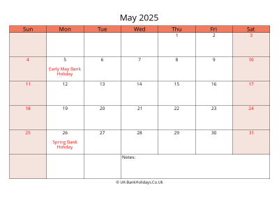 print a uk calendar may 2025
