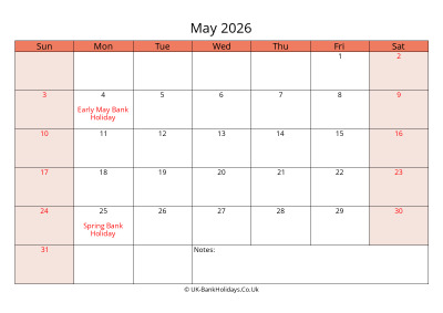 print a uk calendar may 2026