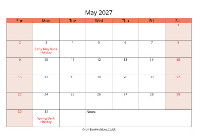 print a uk calendar may 2027