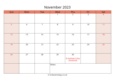 print a uk calendar november 2023