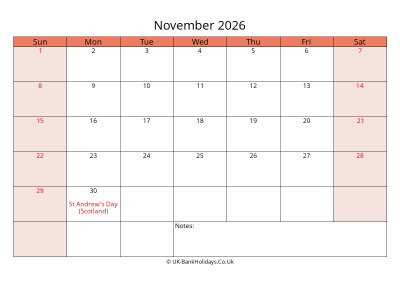 print a uk calendar november 2026
