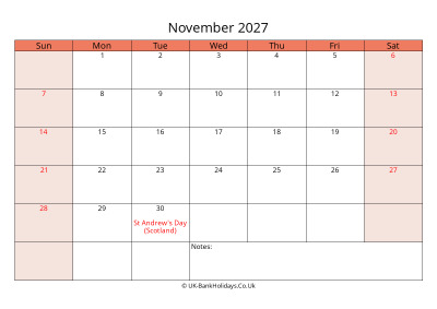 print a uk calendar november 2027
