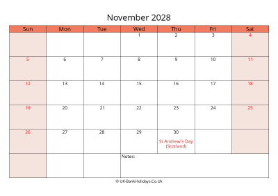print a uk calendar november 2028