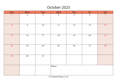 print a uk calendar october 2023