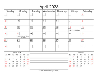 printable monthly uk calendar april 2028