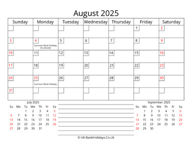 printable monthly uk calendar august 2025