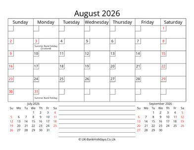 printable monthly uk calendar august 2026