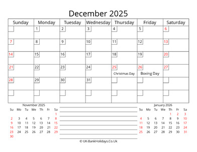 printable monthly uk calendar december 2025