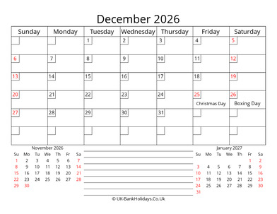 printable monthly uk calendar december 2026