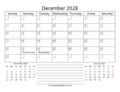 printable monthly uk calendar december 2028