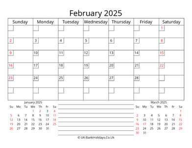 printable monthly uk calendar february 2025